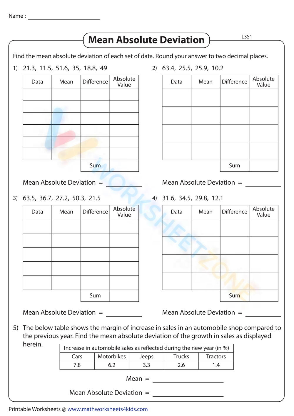 Printable Mean Absolute Deviation Worksheets