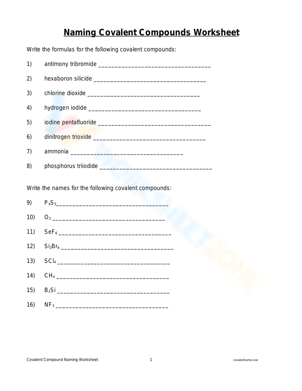 Printable Naming Covalent Compounds Worksheets Download