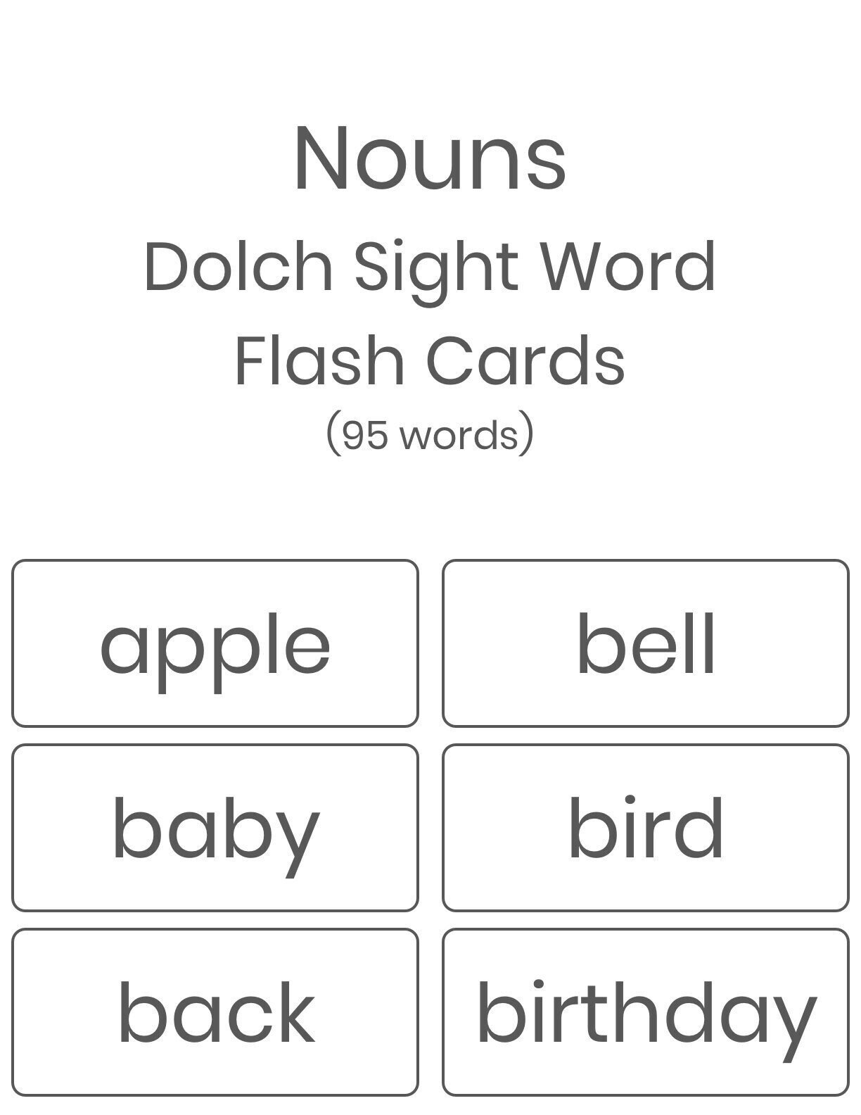 Printable Nouns Dolch Sight Words Flash Cards 95 Words INSTANT DOWNLOAD Etsy