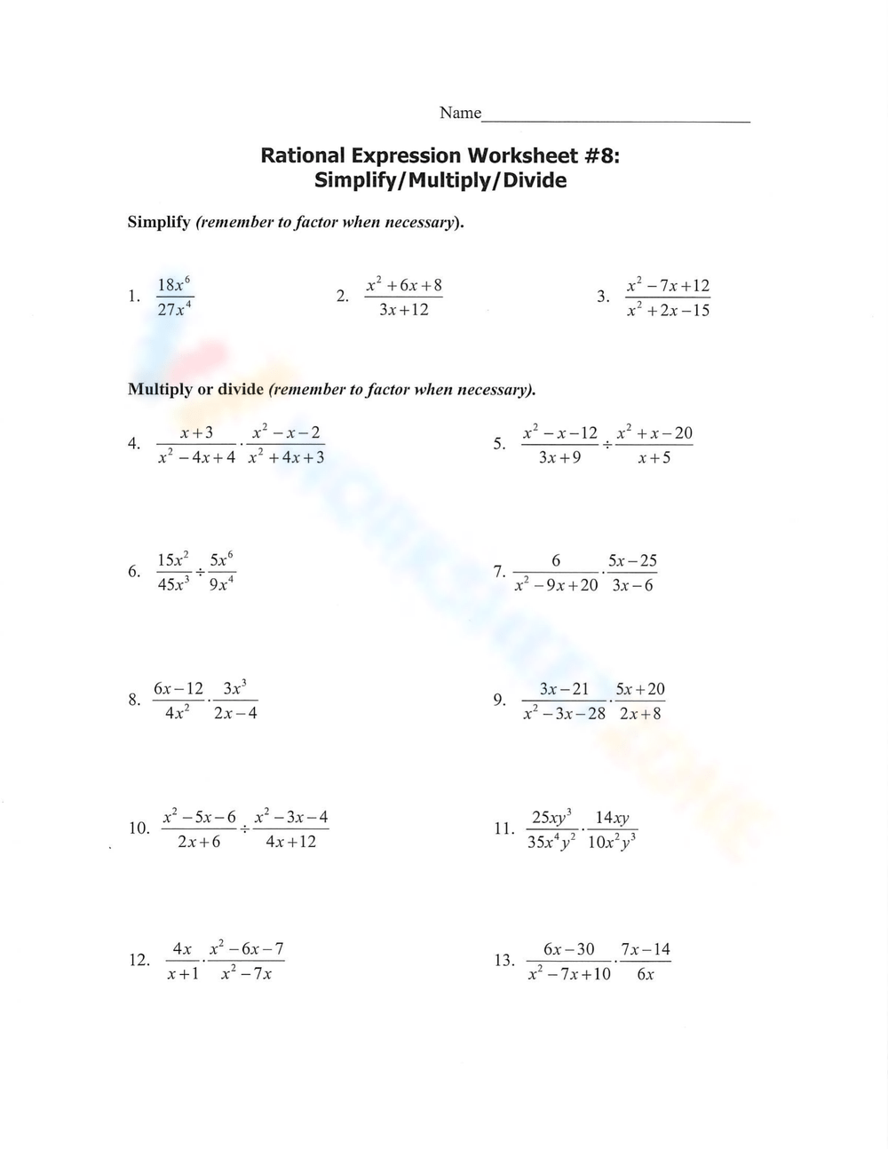 Printable Simplifying Rational Expressions Worksheets