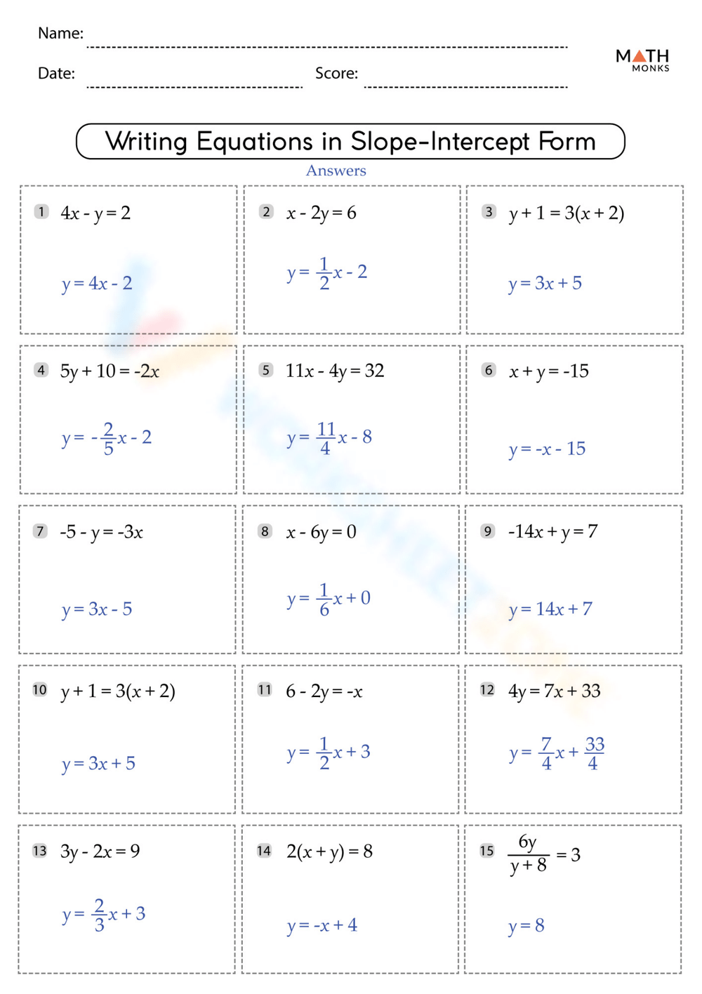 Printable Slope Intercept Form Worksheets Download