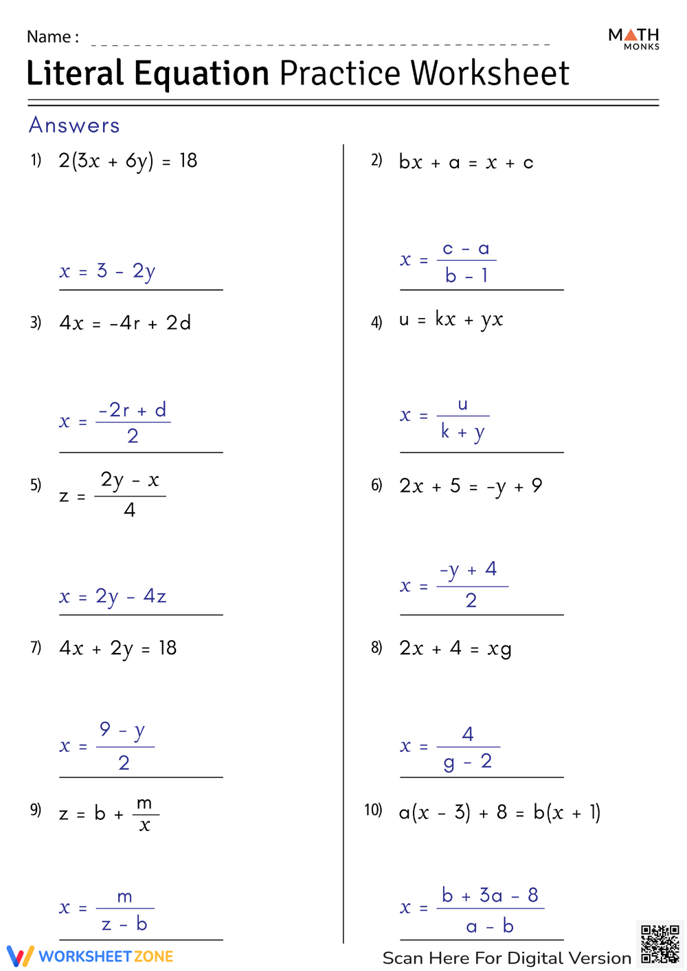Printable Solving Literal Equations Worksheets