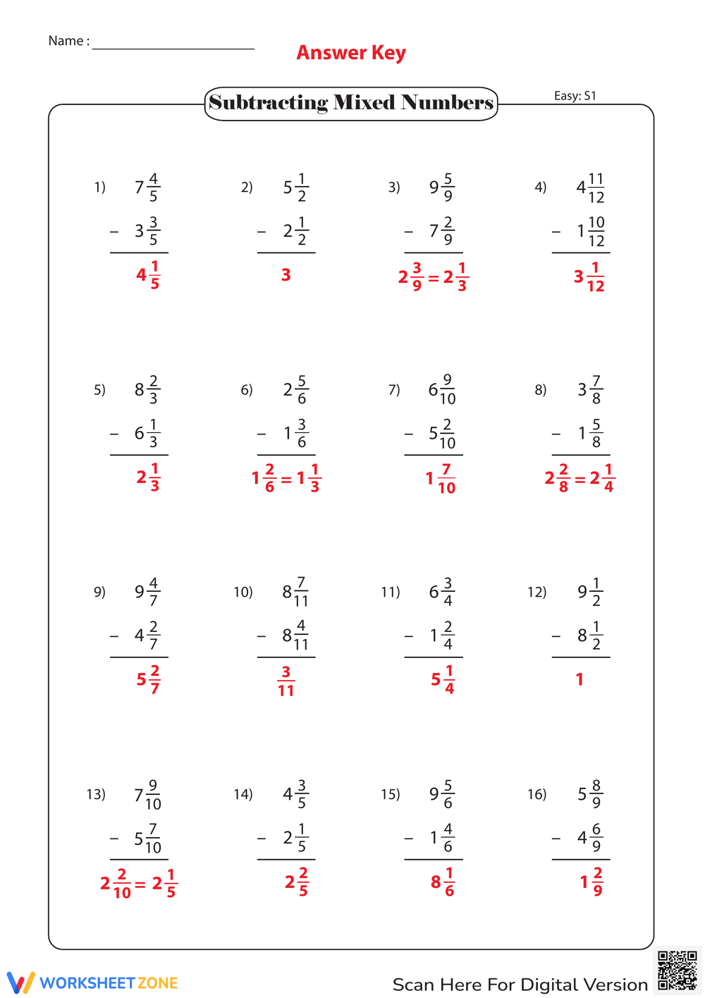 Printable Subtracting Mixed Numbers Worksheets