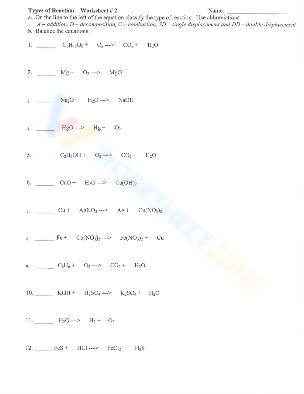 Printable Types Of Reaction Worksheets Download