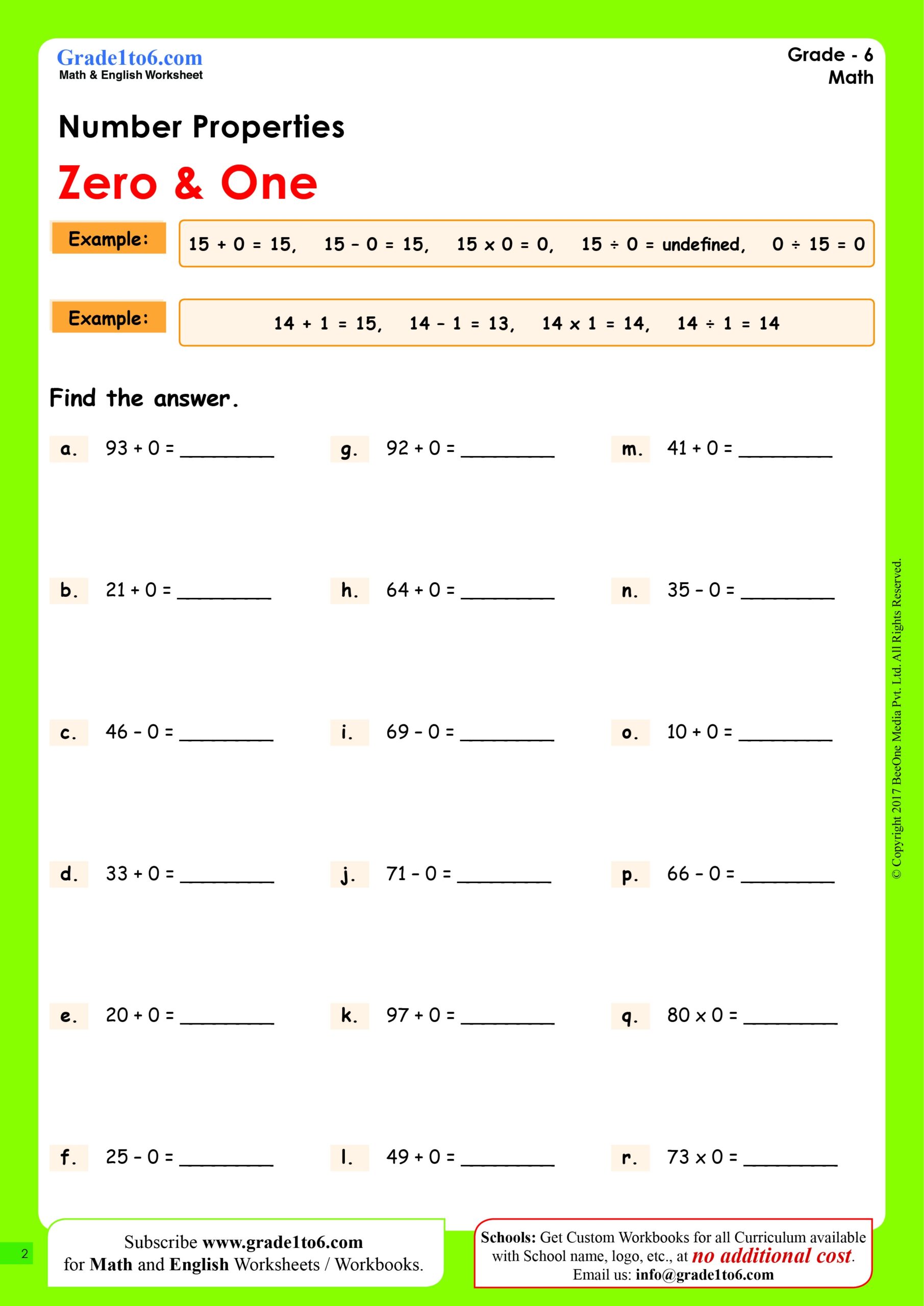Properties Of Zero Worksheets Grade1to6