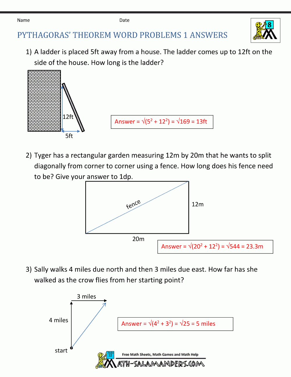 pythagorean theorem worksheet answers