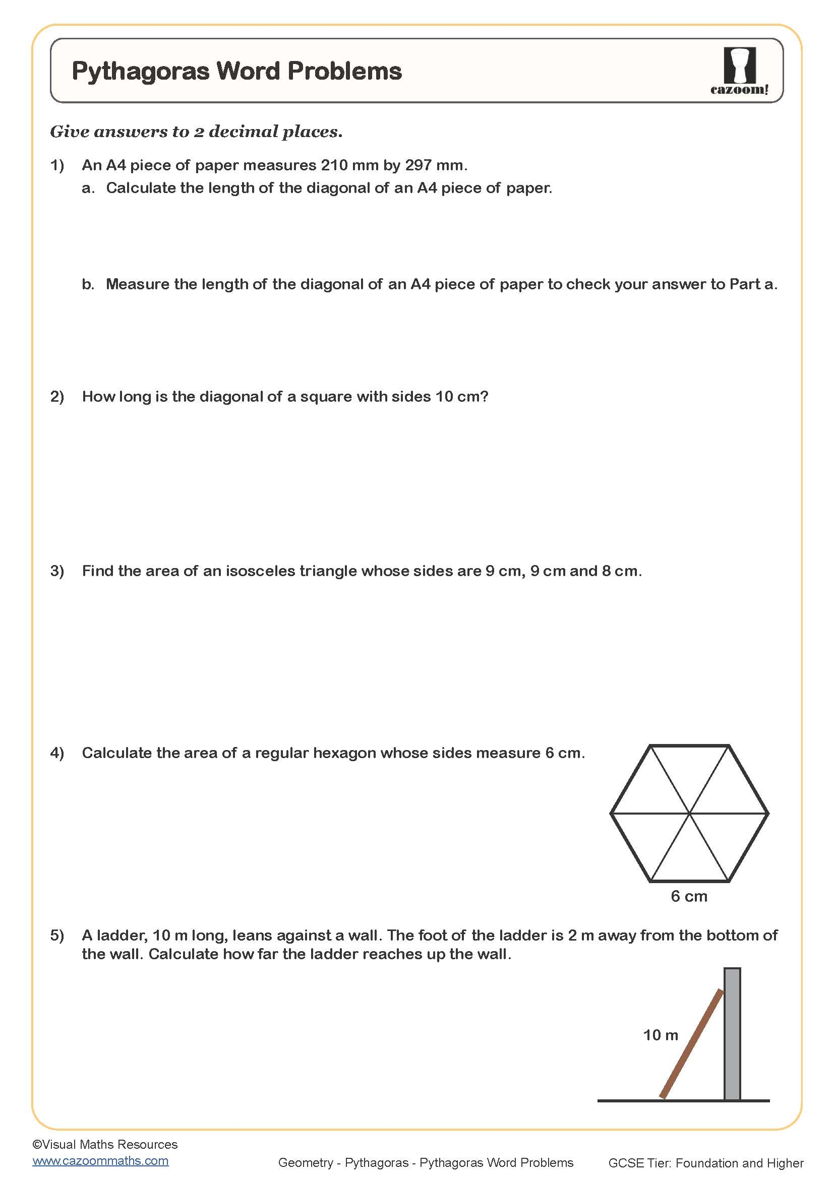 Pythagoras Word Problems Worksheet Cazoom Maths Worksheets