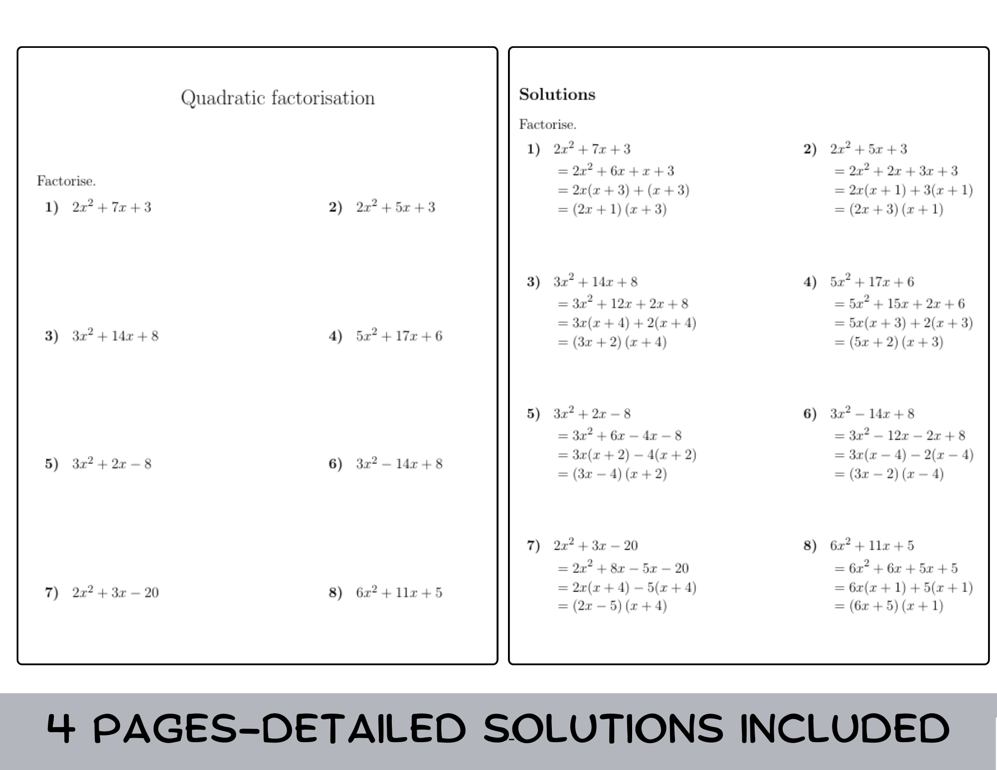 Quadratic Factorisation Coefficient Greater Than 1 Worksheet with Solutions Teaching Resources