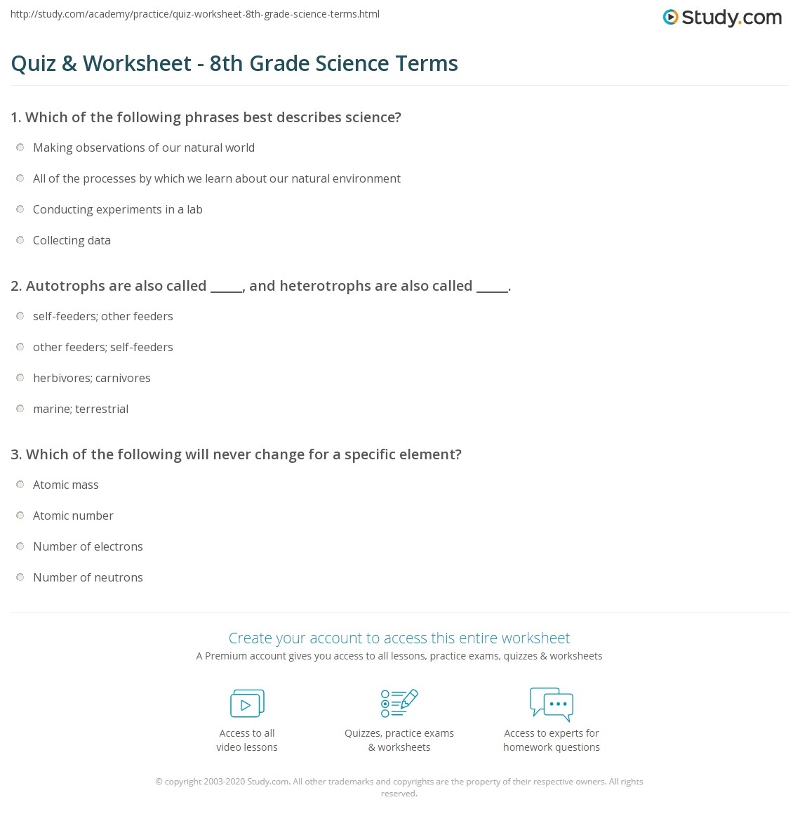 Quiz amp Worksheet 8th Grade Science Terms Study Worksheets Library