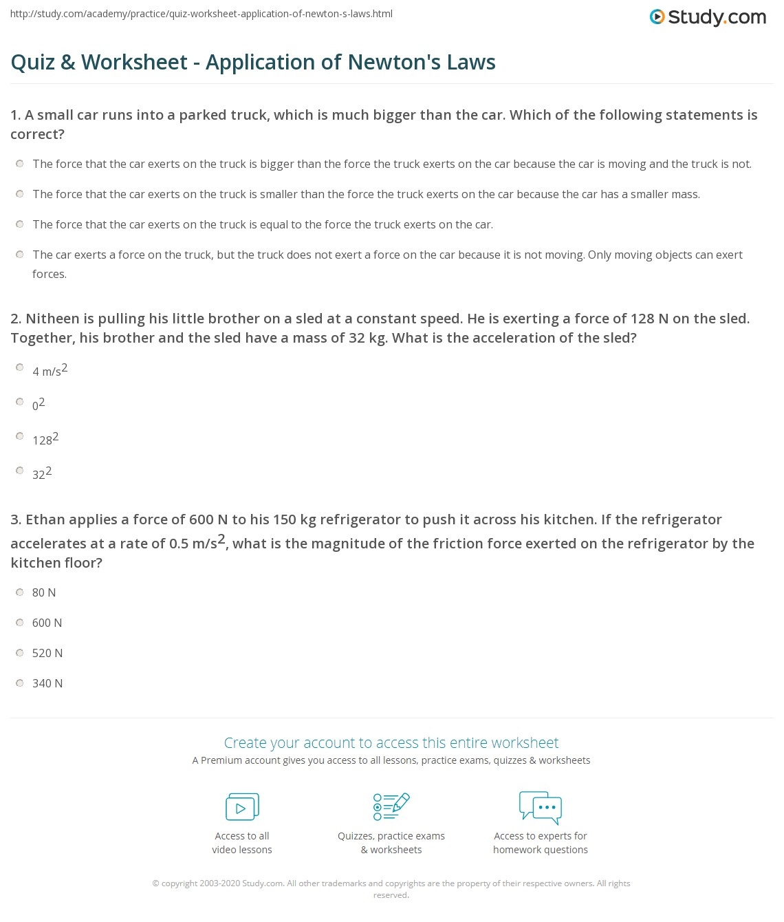 Quiz Worksheet Application Of Newton s Laws Study