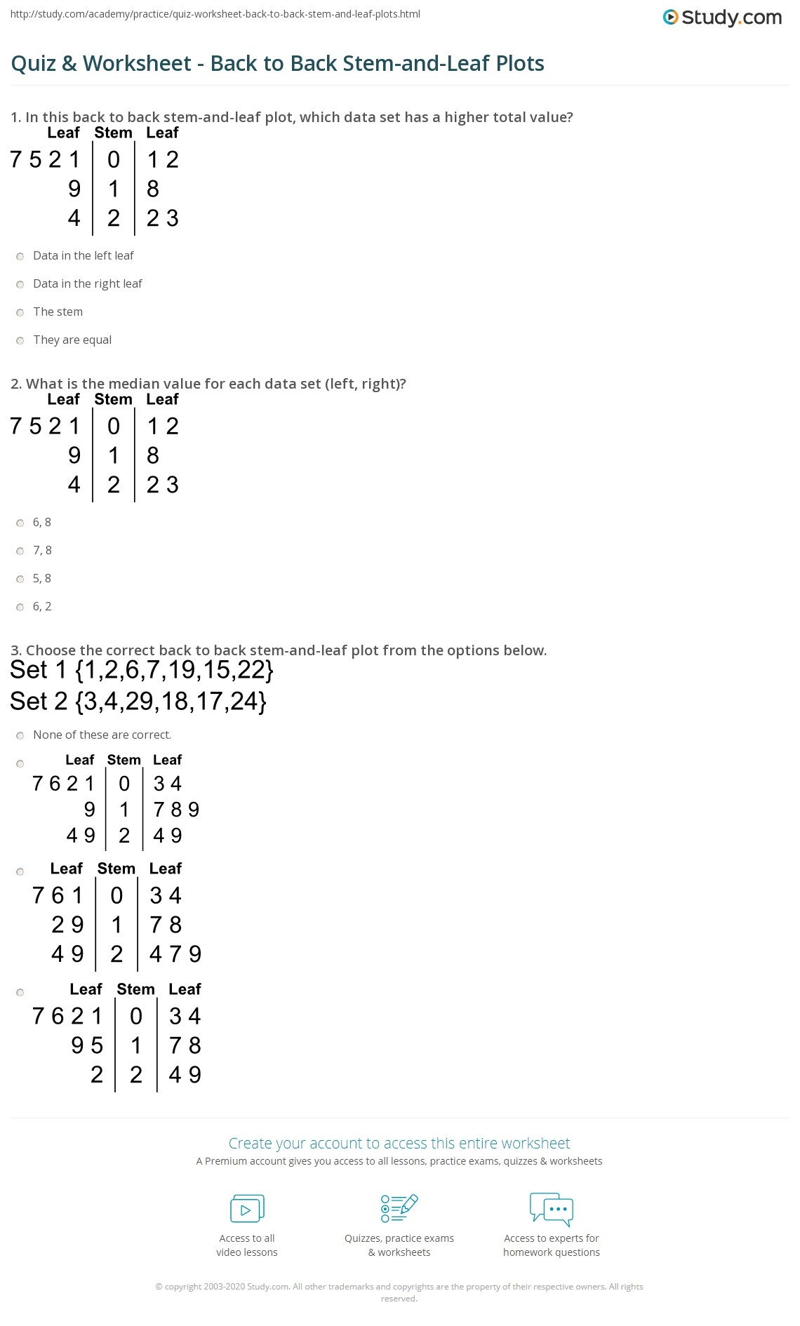 Quiz Worksheet Back To Back Stem and Leaf Plots Study Quiz Worksheet Back To Back Stem and Leaf Plots Study