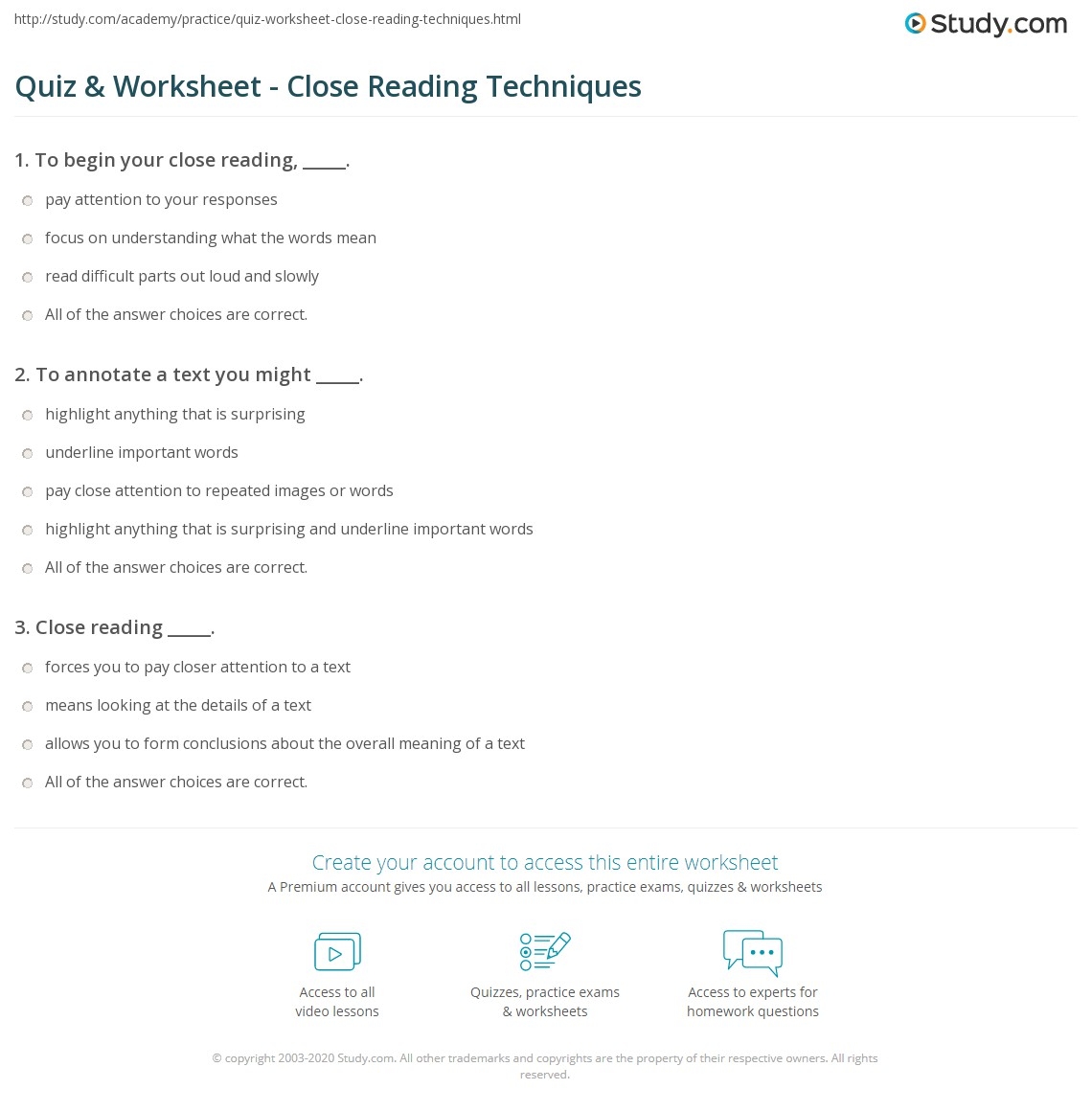 close reading worksheet