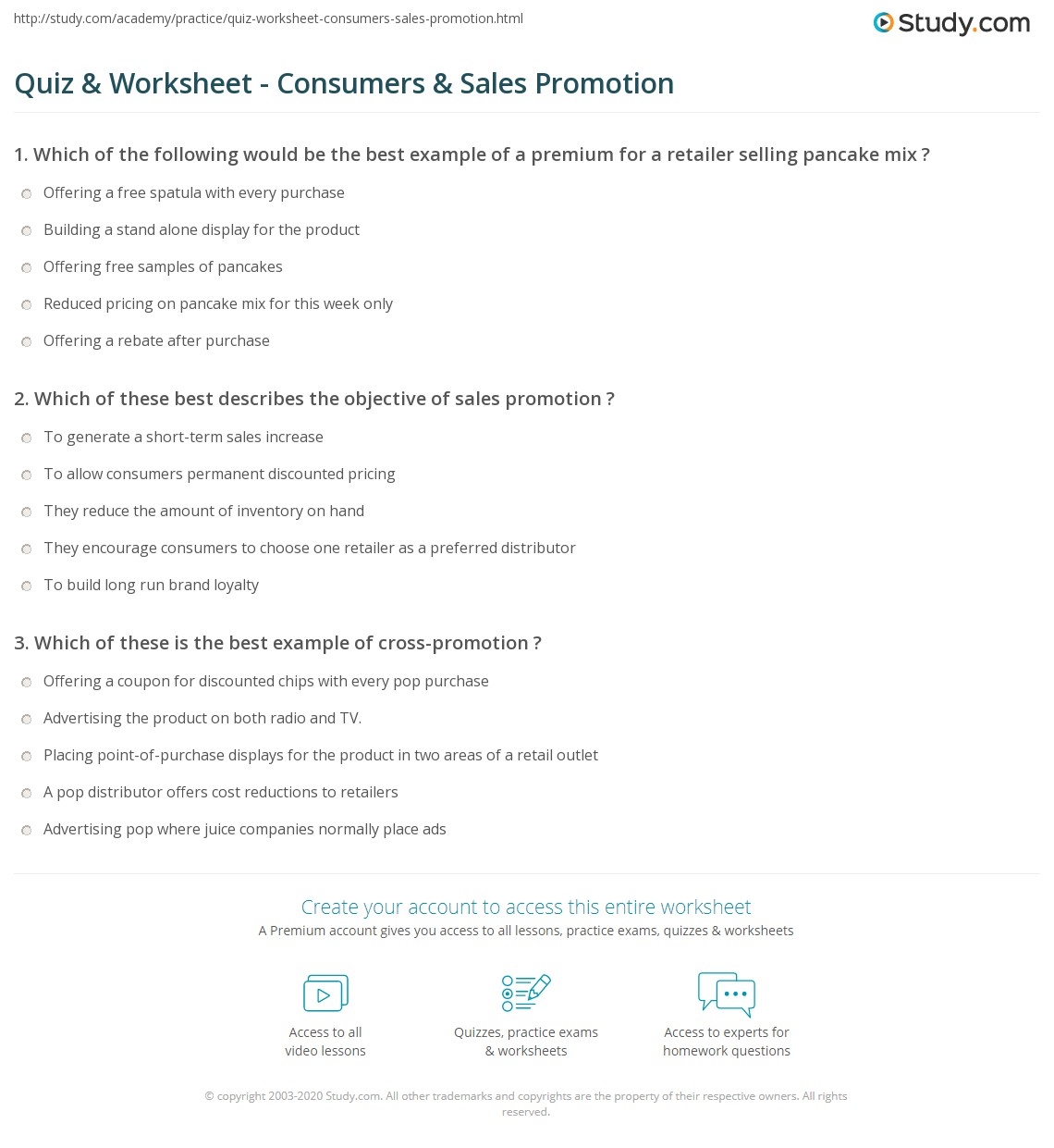 Quiz Worksheet Consumers Sales Promotion Study