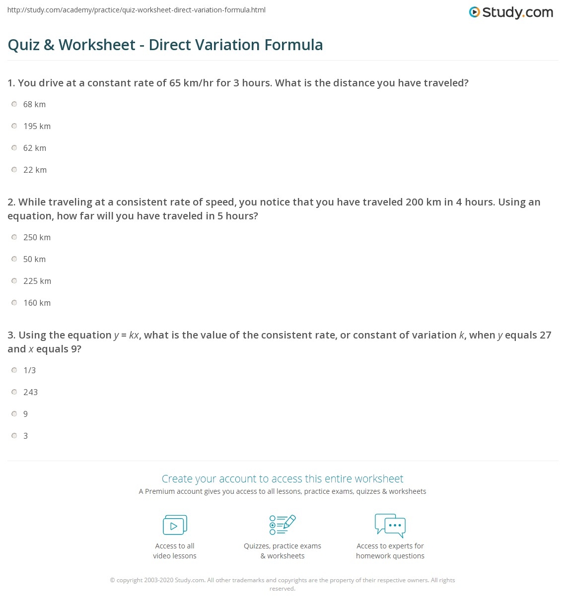 Quiz Worksheet Direct Variation Formula Study