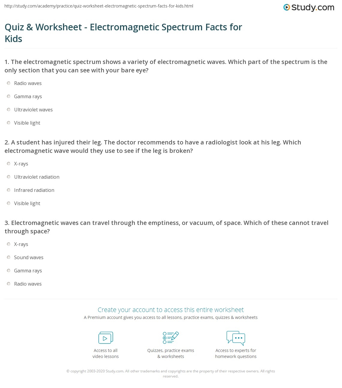 Quiz Worksheet Electromagnetic Spectrum Facts For Kids Study