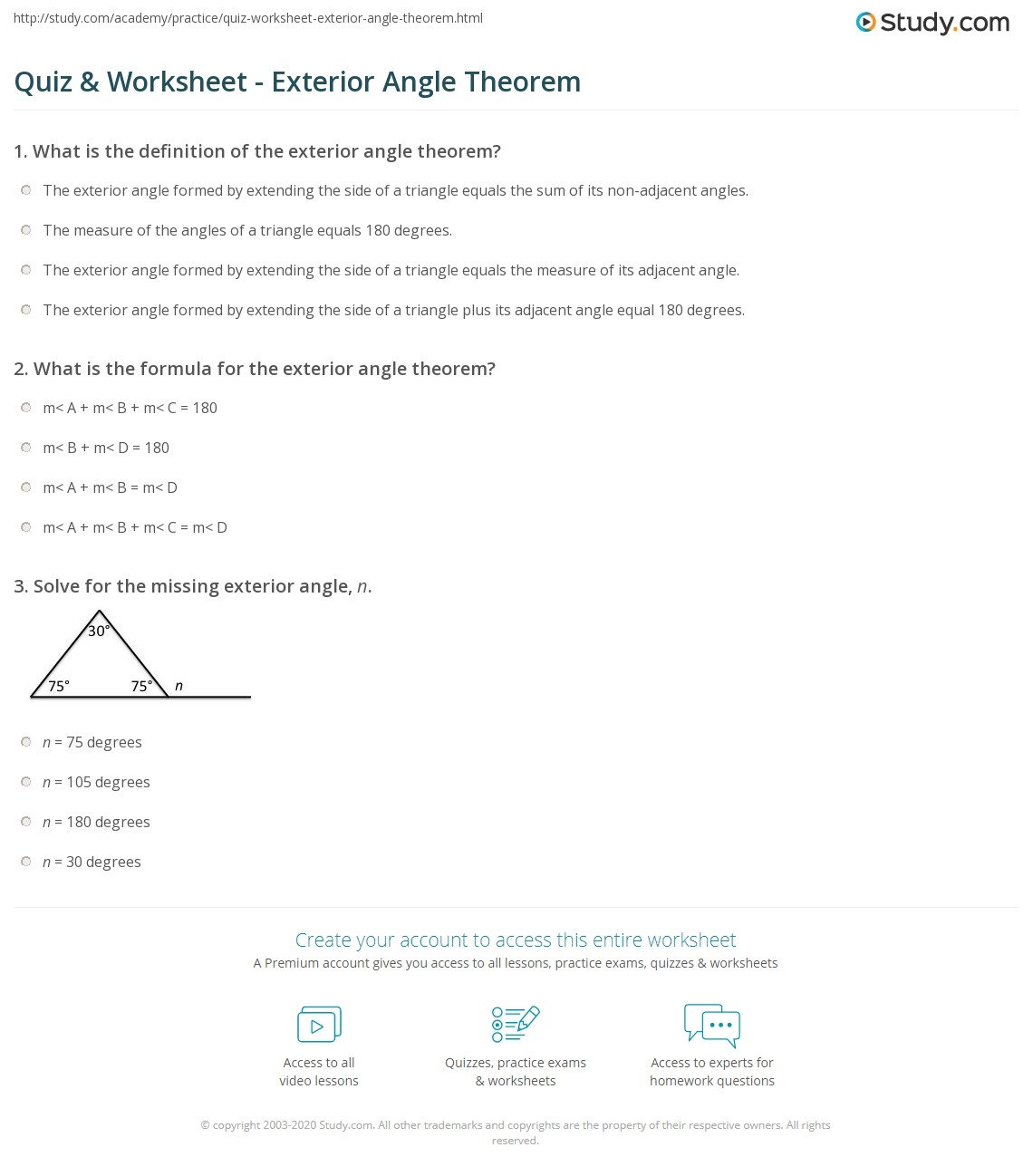 Quiz Worksheet Exterior Angle Theorem Study