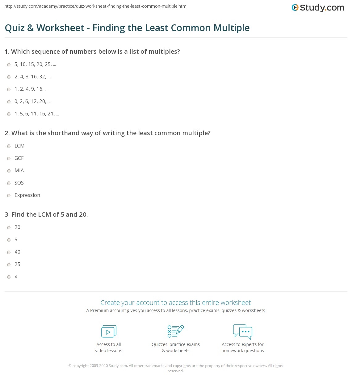 Quiz Worksheet Finding The Least Common Multiple Study