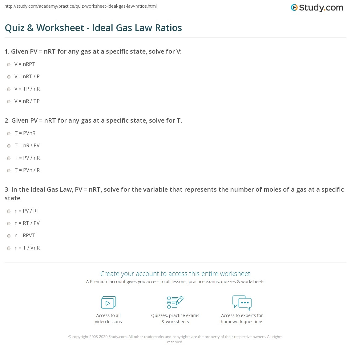 Quiz Worksheet Ideal Gas Law Ratios Study Quiz Worksheet Ideal Gas Law Ratios Study