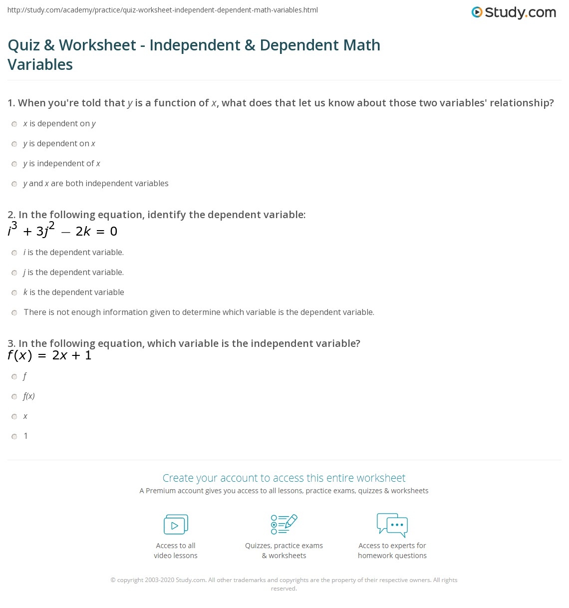 Quiz Worksheet Independent Dependent Math Variables Study