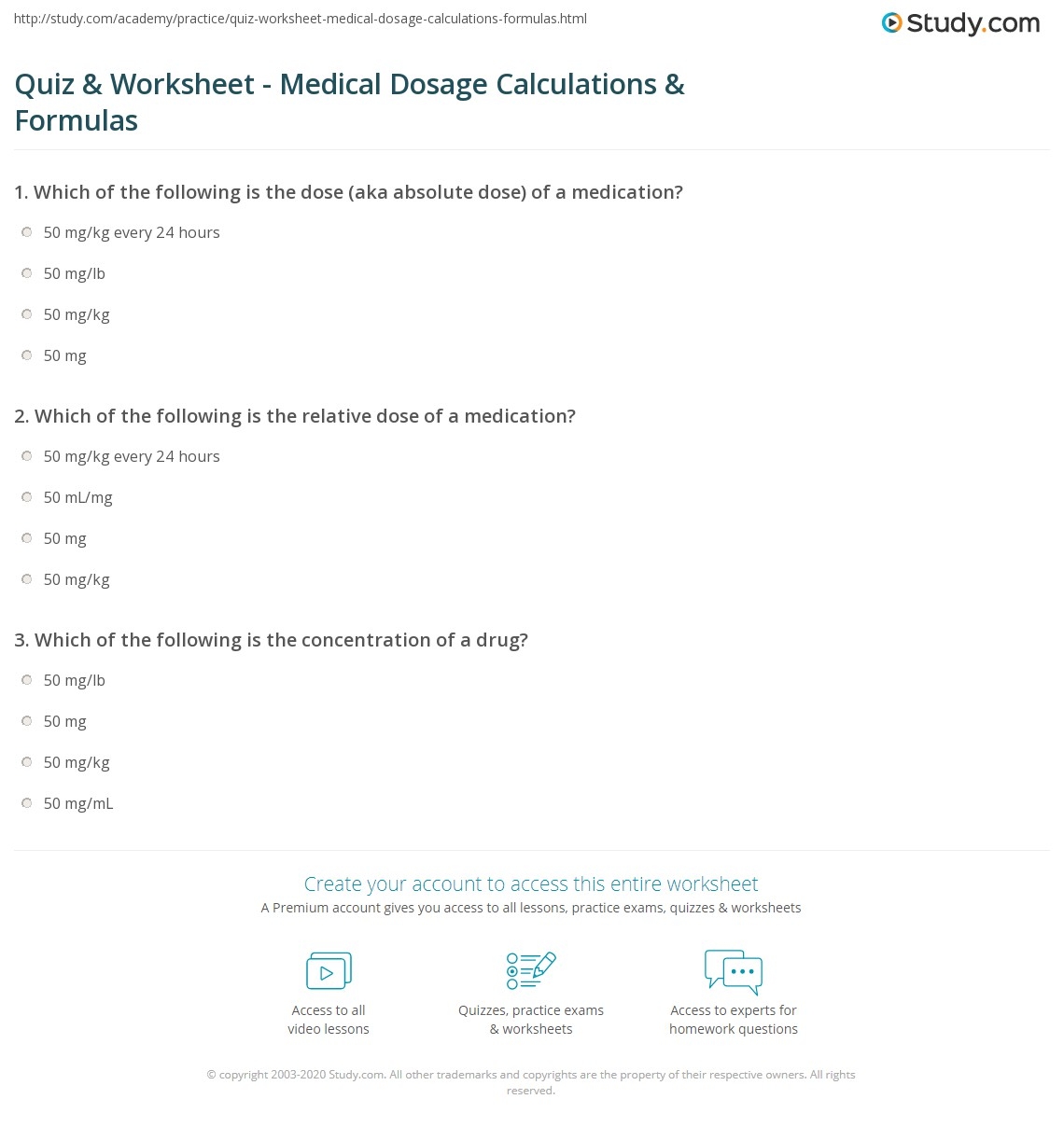 Quiz Worksheet Medical Dosage Calculations Formulas Study
