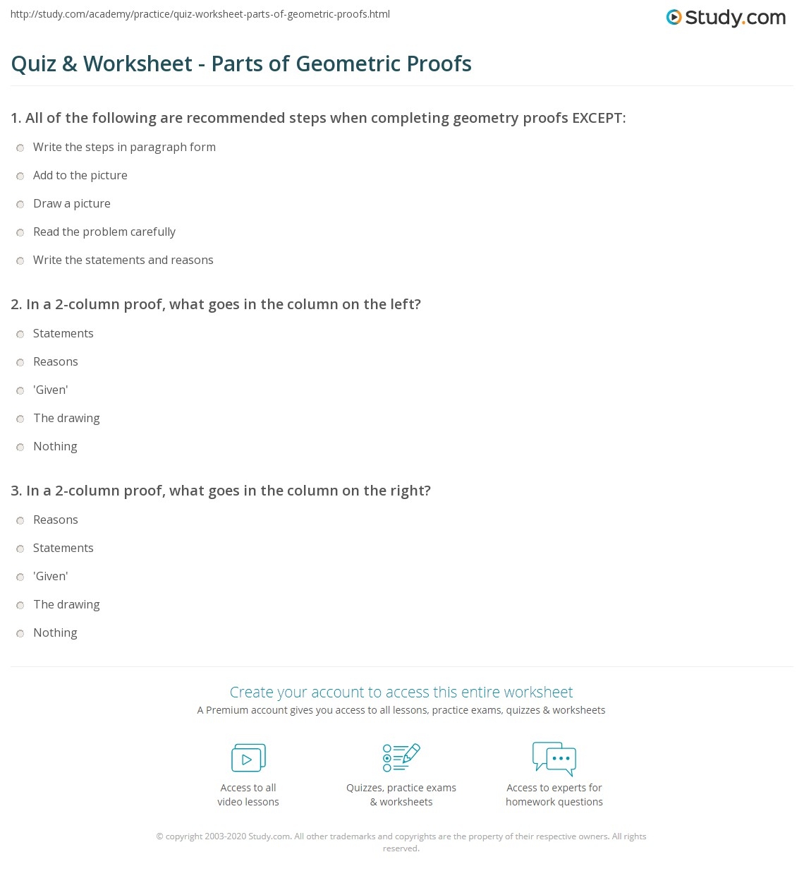 Quiz Worksheet Parts Of Geometric Proofs Study Quiz Worksheet Parts Of Geometric Proofs Study
