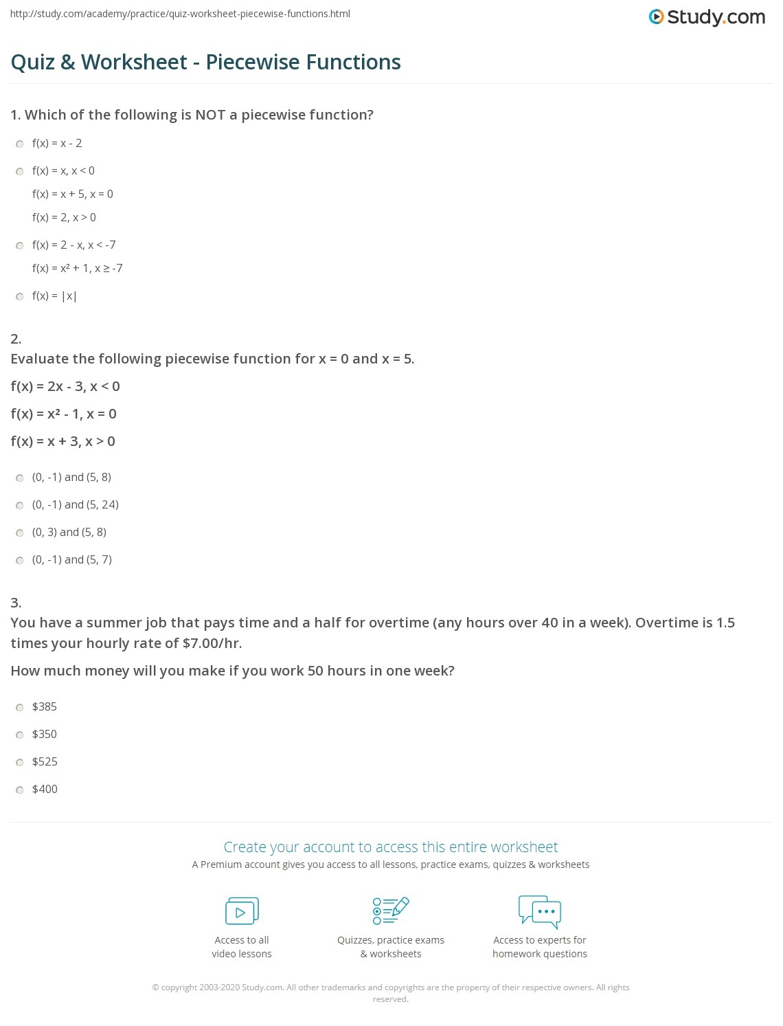 Quiz Worksheet Piecewise Functions Study
