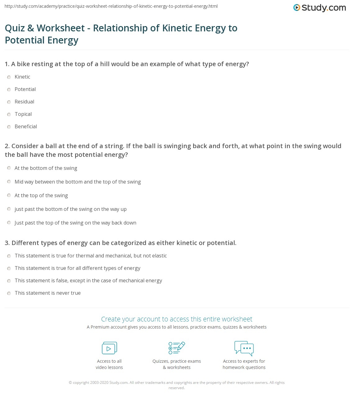 Quiz Worksheet Relationship Of Kinetic Energy To Potential Energy Study