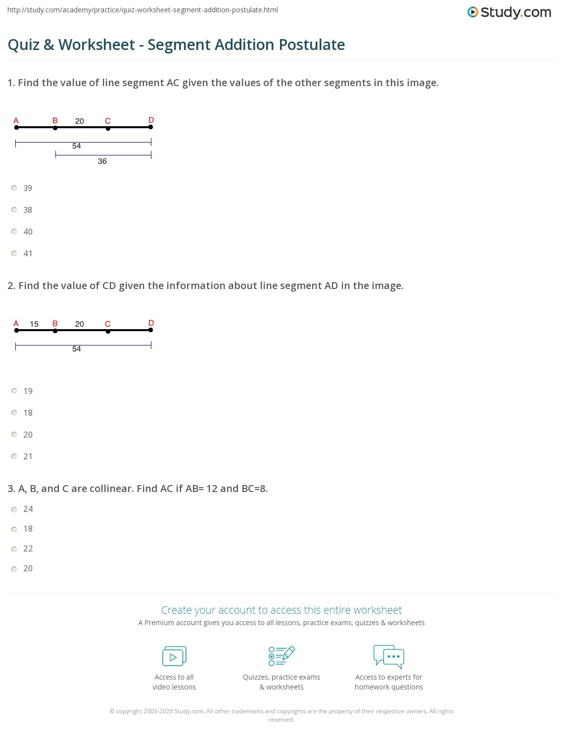 Quiz Worksheet Segment Addition Postulate Study