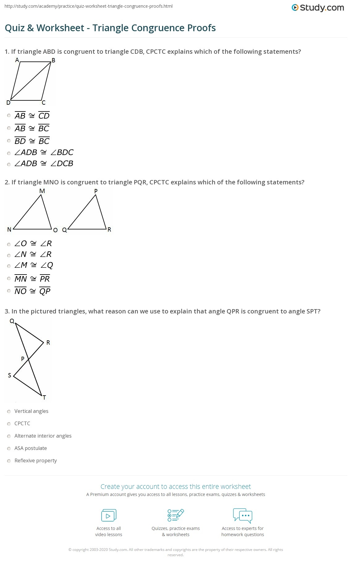 Quiz Worksheet Triangle Congruence Proofs Study