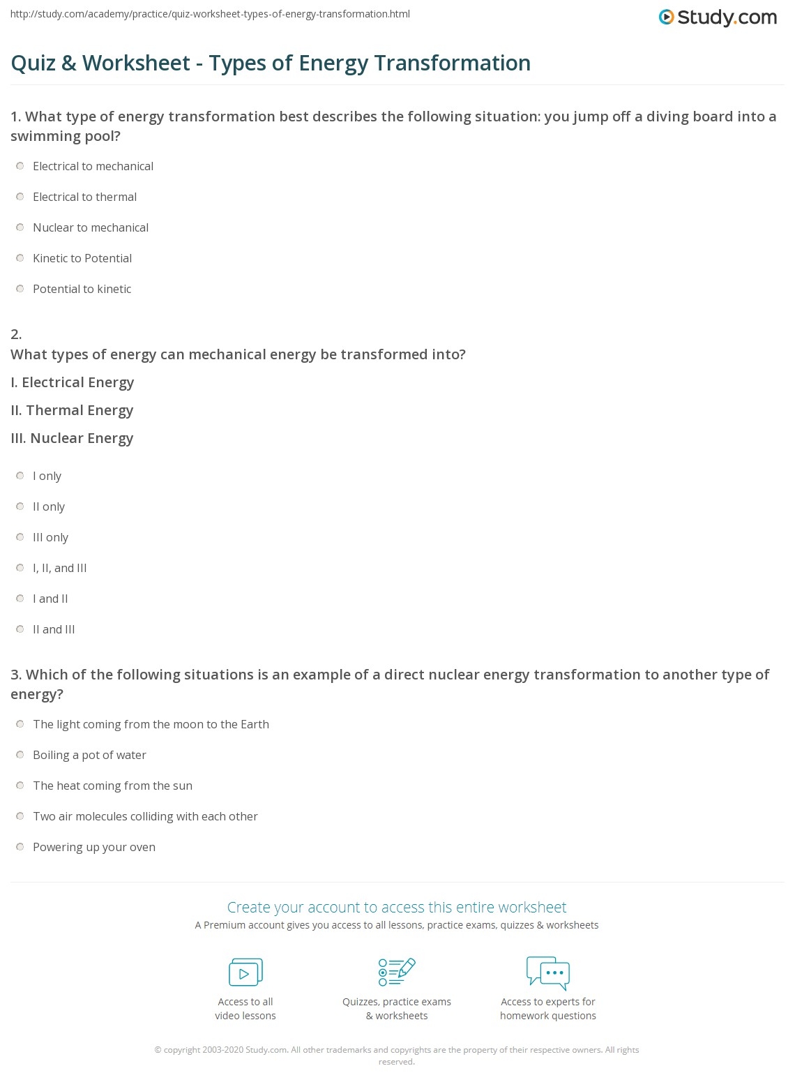 energy transformation worksheet
