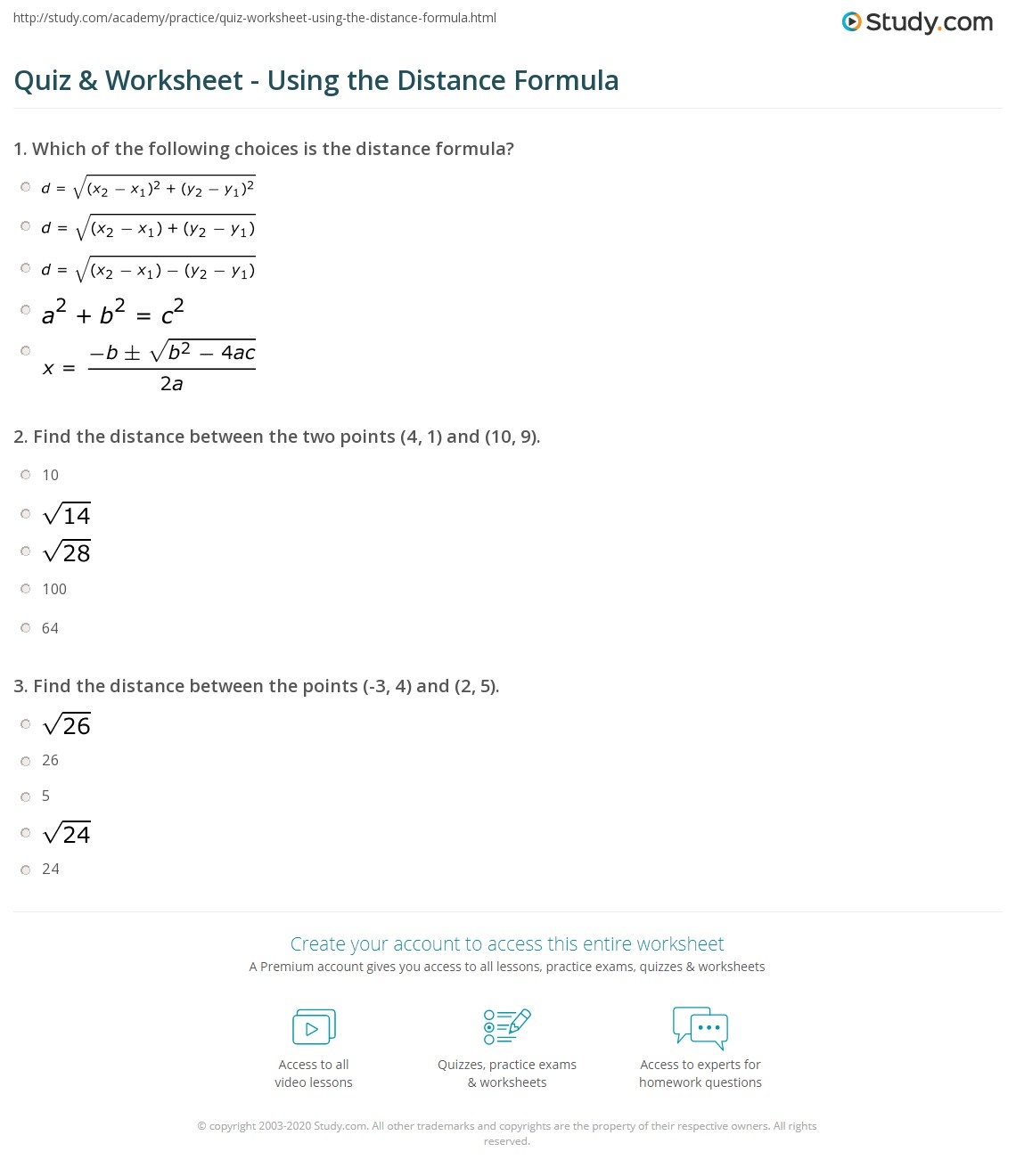 Quiz Worksheet Using The Distance Formula Study