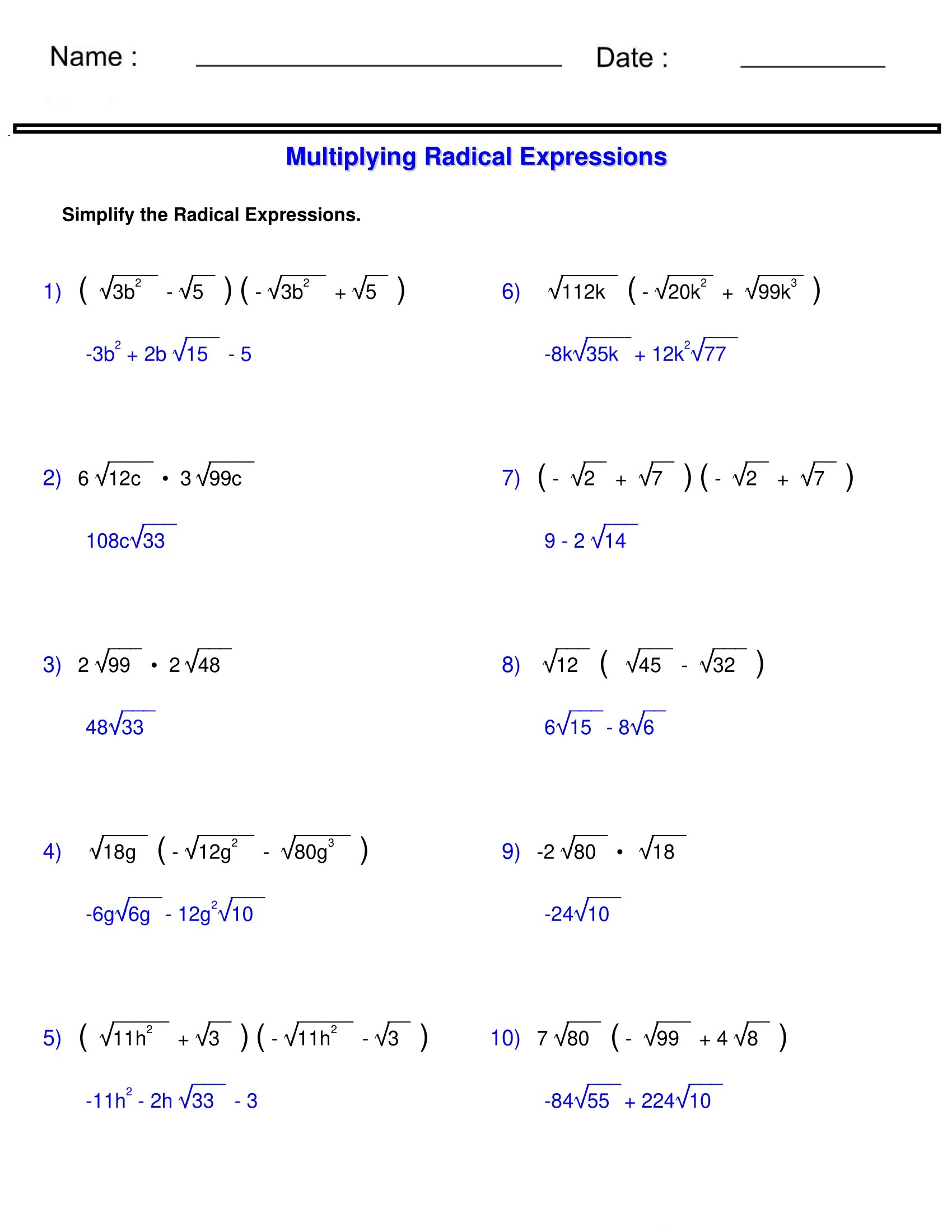 simplifying radical expressions worksheet