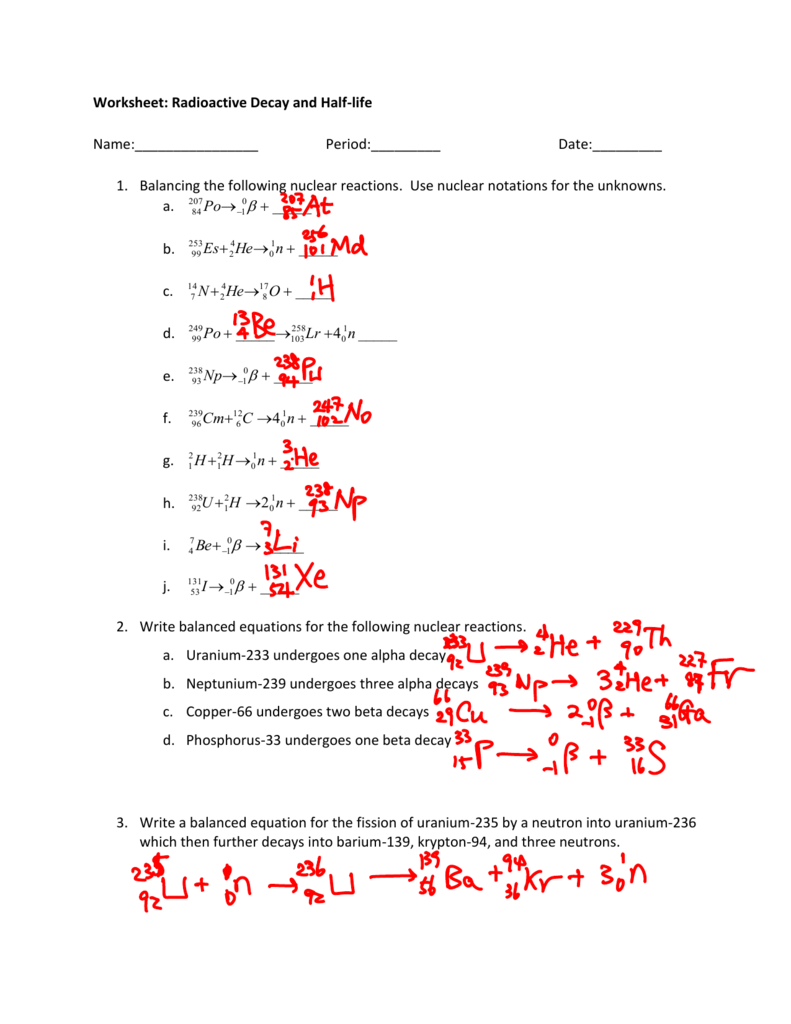 nuclear chemistry worksheet