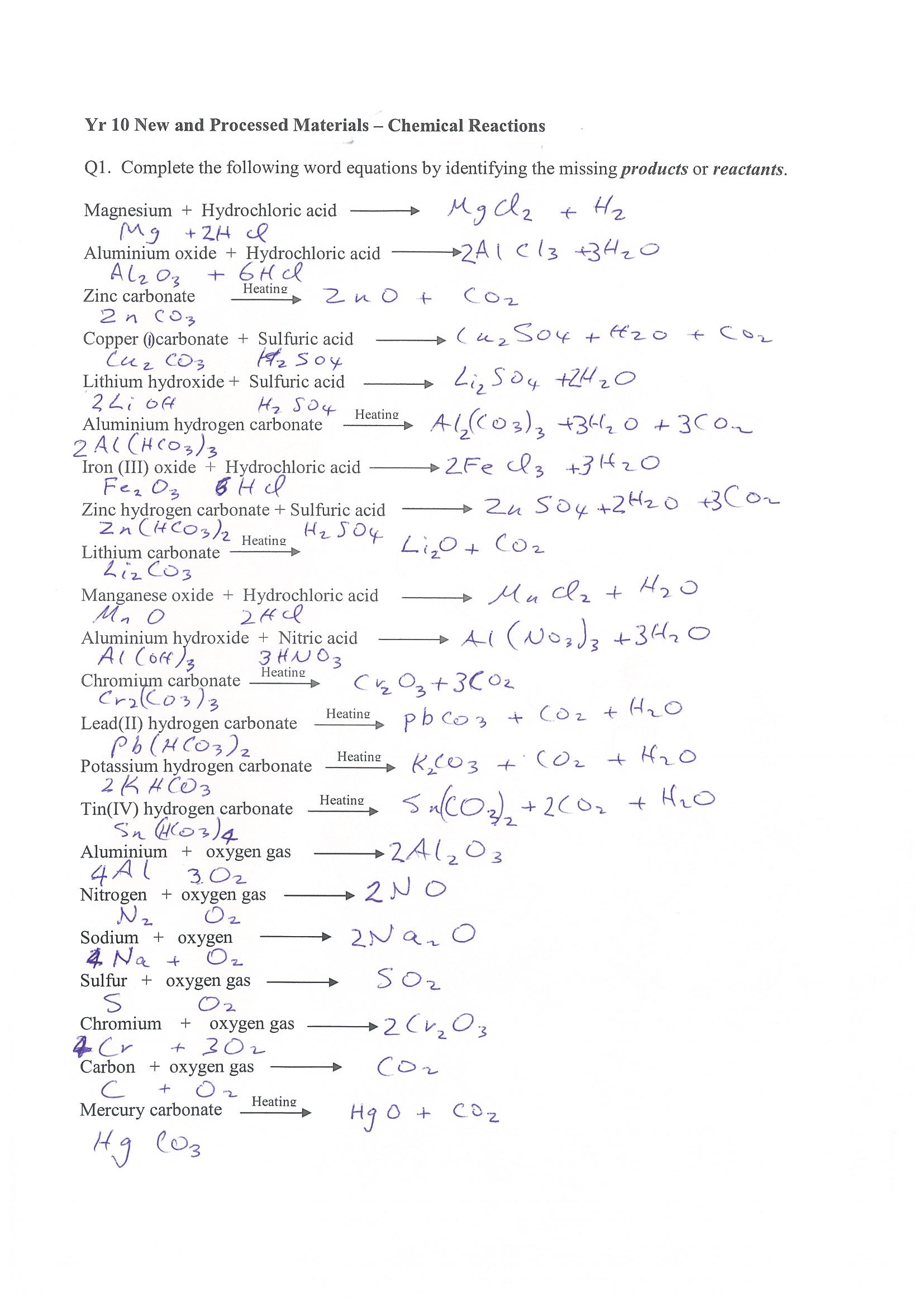 RAFEI SCI10 Chemical Reactions Worksheet Answers RSHS Moodle