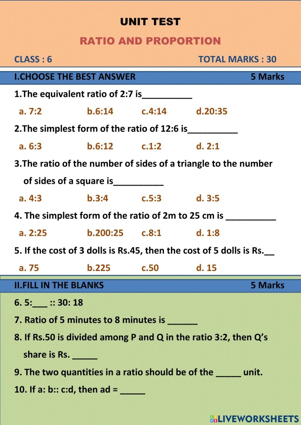 Ratio And Proportion Worksheet For Grade 6