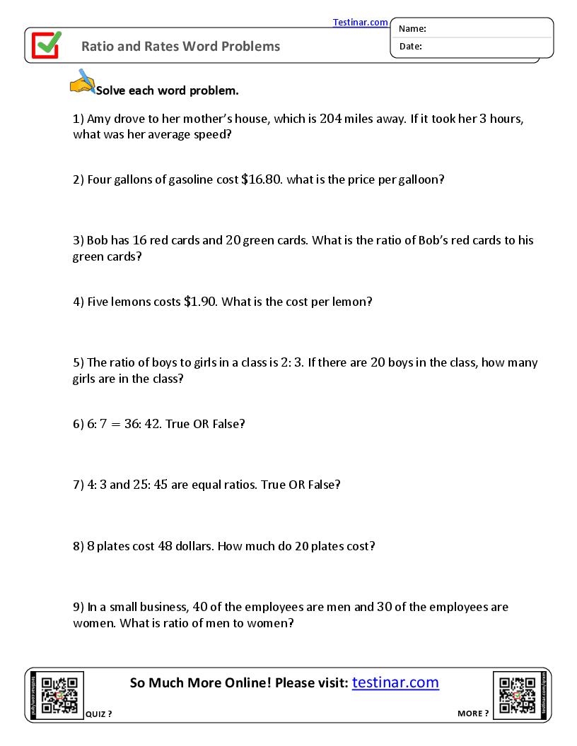 Ratio And Rates Word Problems Worksheets