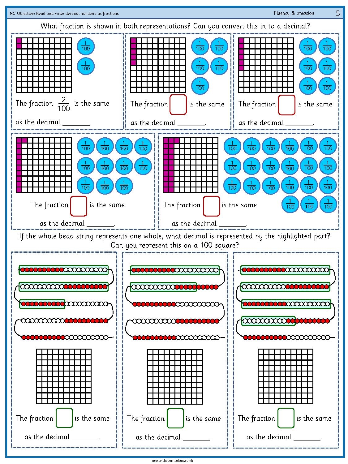 reading and writing decimals worksheets