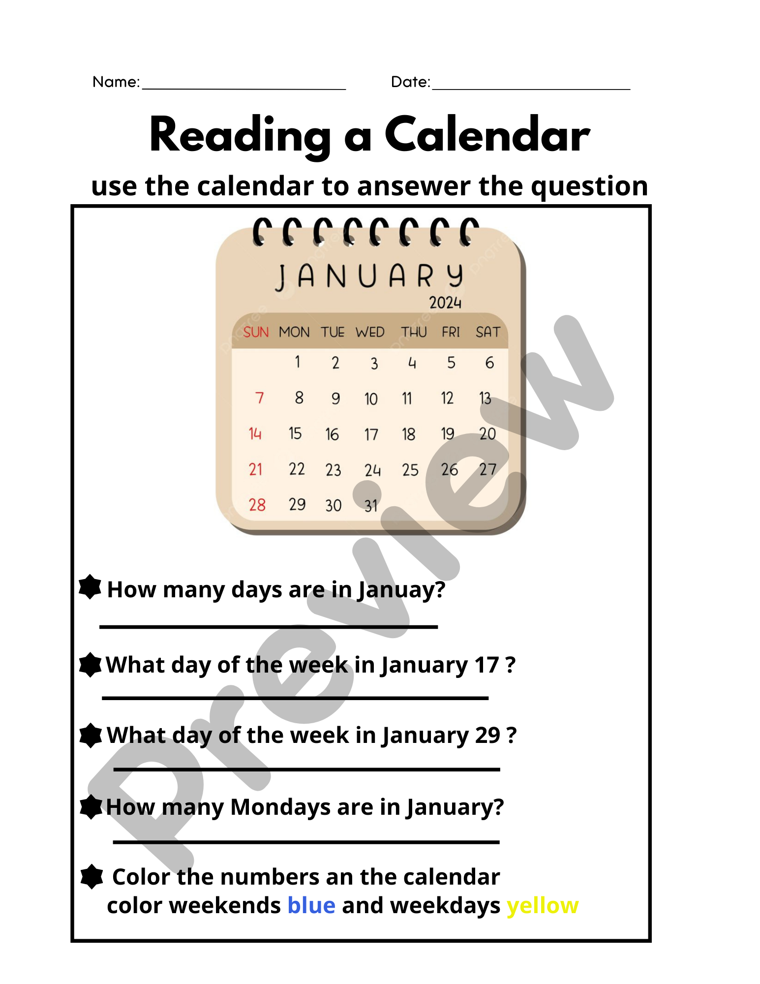 Reading A Calendar Worksheet Days Weeks Months Teaching Resources