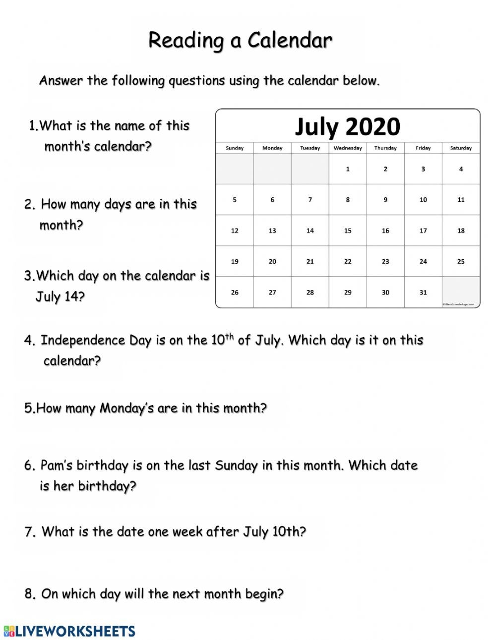 Reading A Calendar Worksheet
