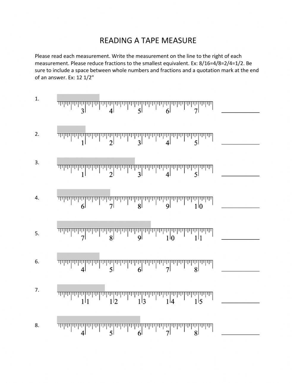 reading a tape measure worksheet