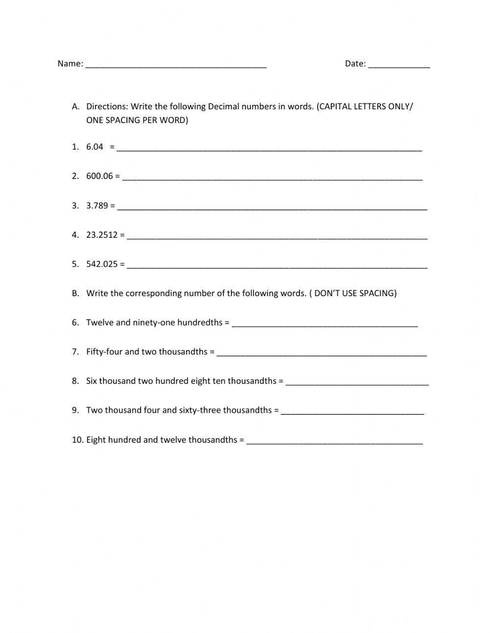Reading And Writing Decimals Worksheet Live Worksheets Worksheets Library
