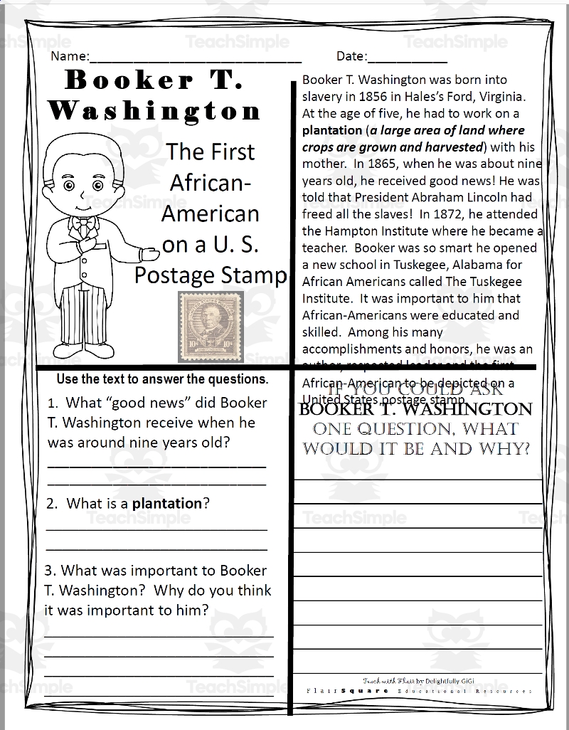 Reading Comprehension For Black History Month Booker T Washington By Teach Simple