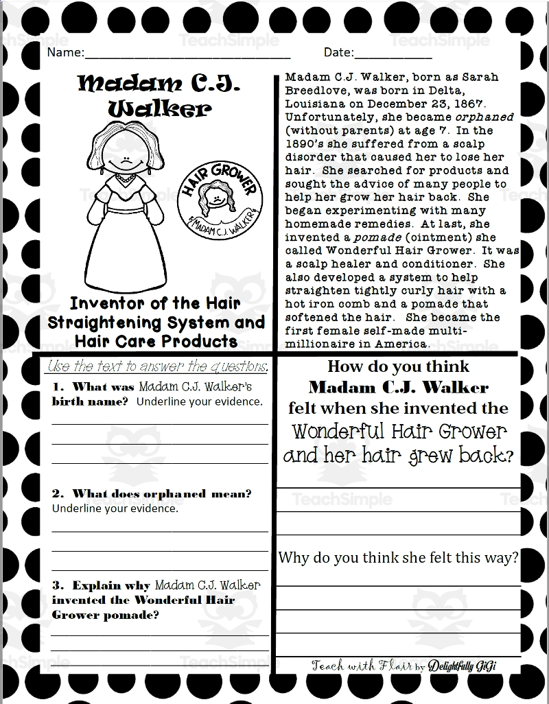 Reading Comprehension For Black History Month Madam C J Walker By Teach Simple