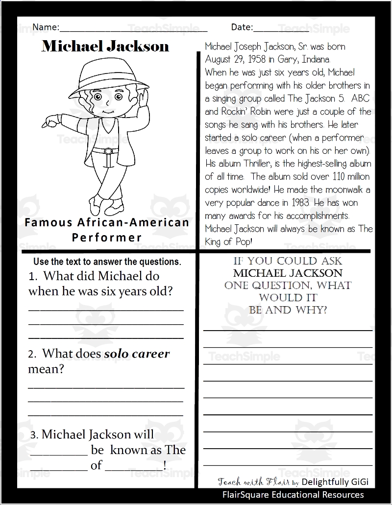 Reading Comprehension For Black History Month Michael Jackson By Teach Simple