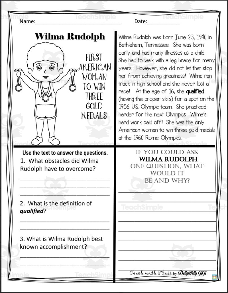 Reading Comprehension For Black History Month Wilma Rudolph By Teach Simple