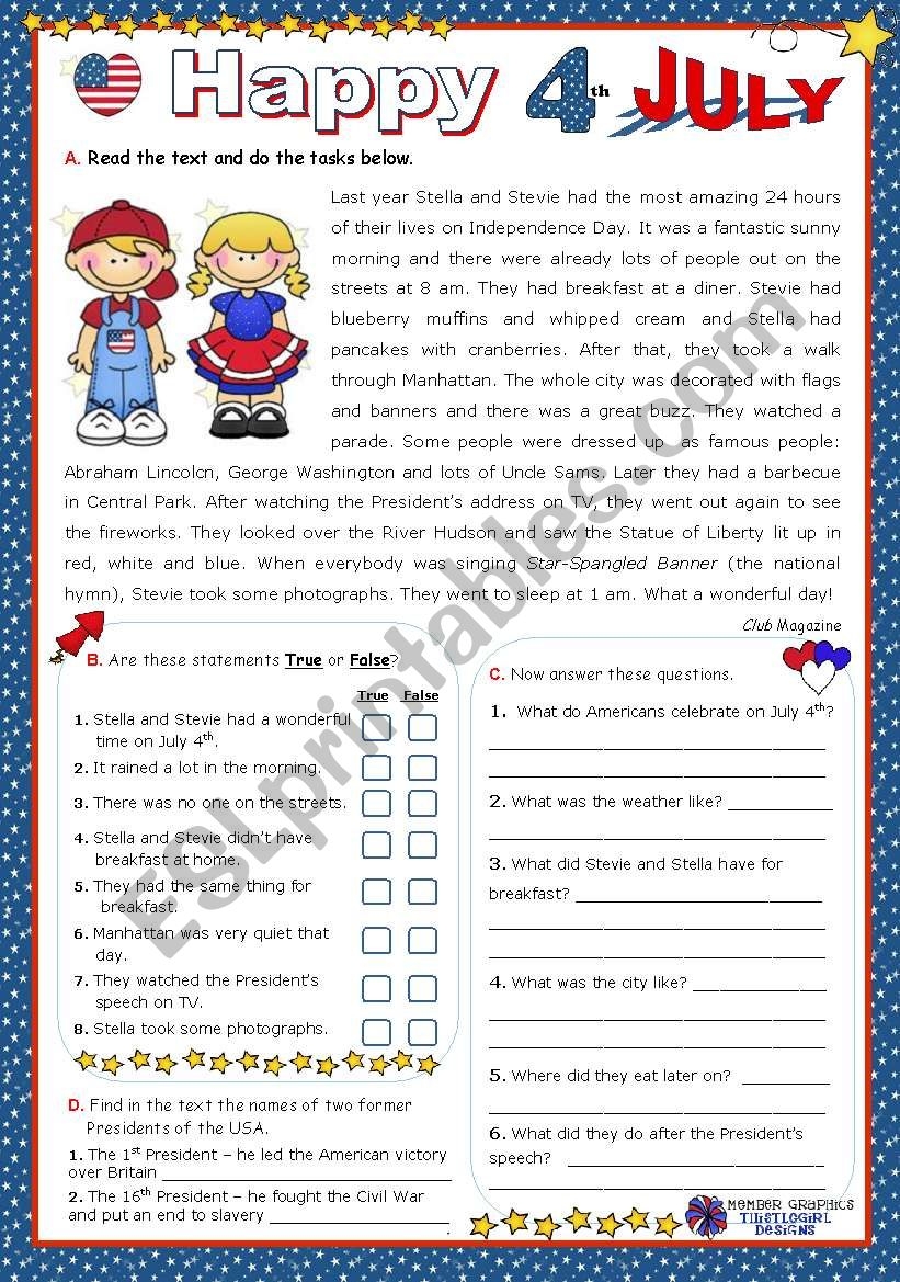 Reading Comprehension July 4th Celebration Cookout Mamas Worksheets Library