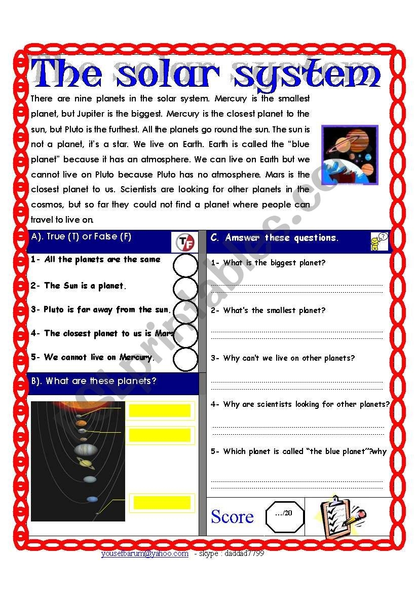 Reading Comprehension Test Theme The Solar System ESL Worksheets Library Reading Comprehension Test Theme The Solar System ESL Worksheets Library
