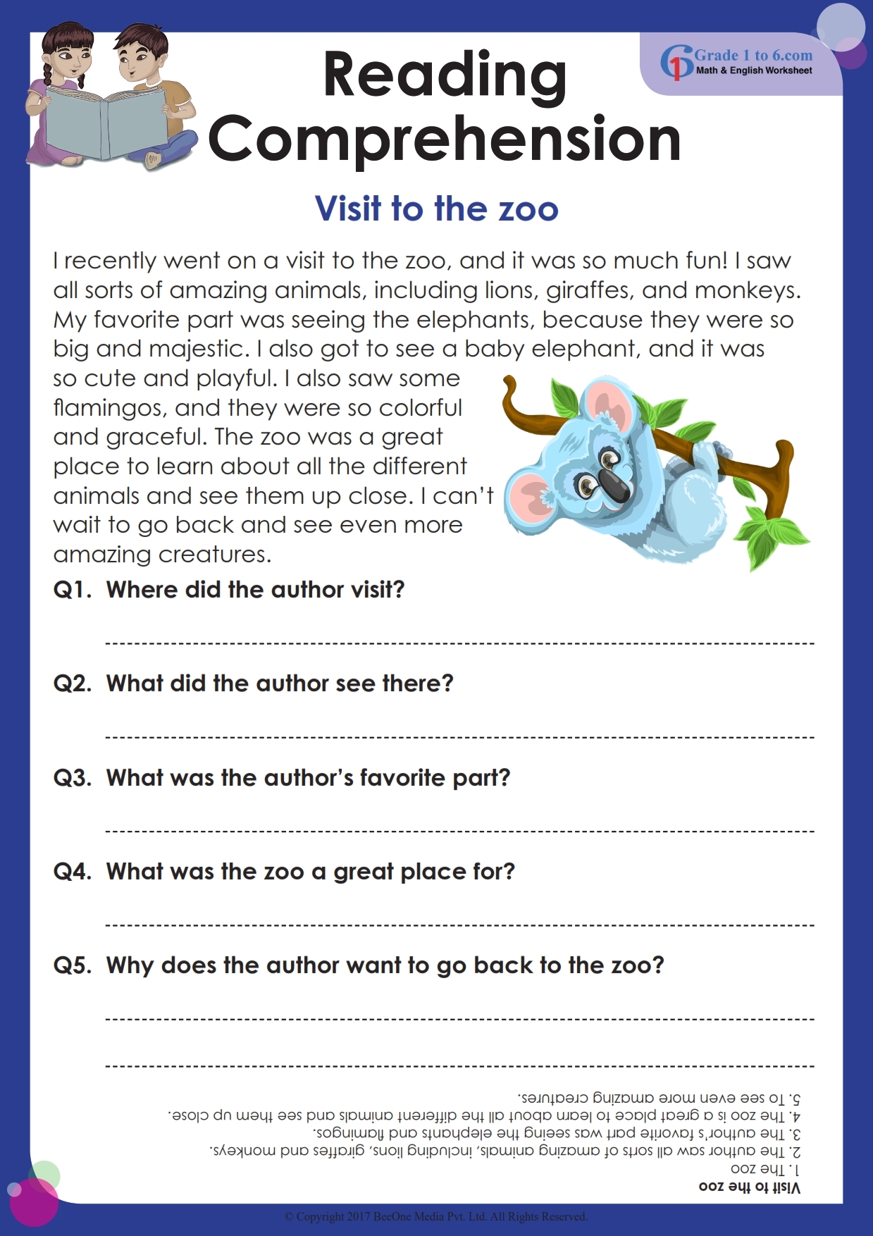 Reading Comprehension Worksheet For Grade 1 Grade1to6