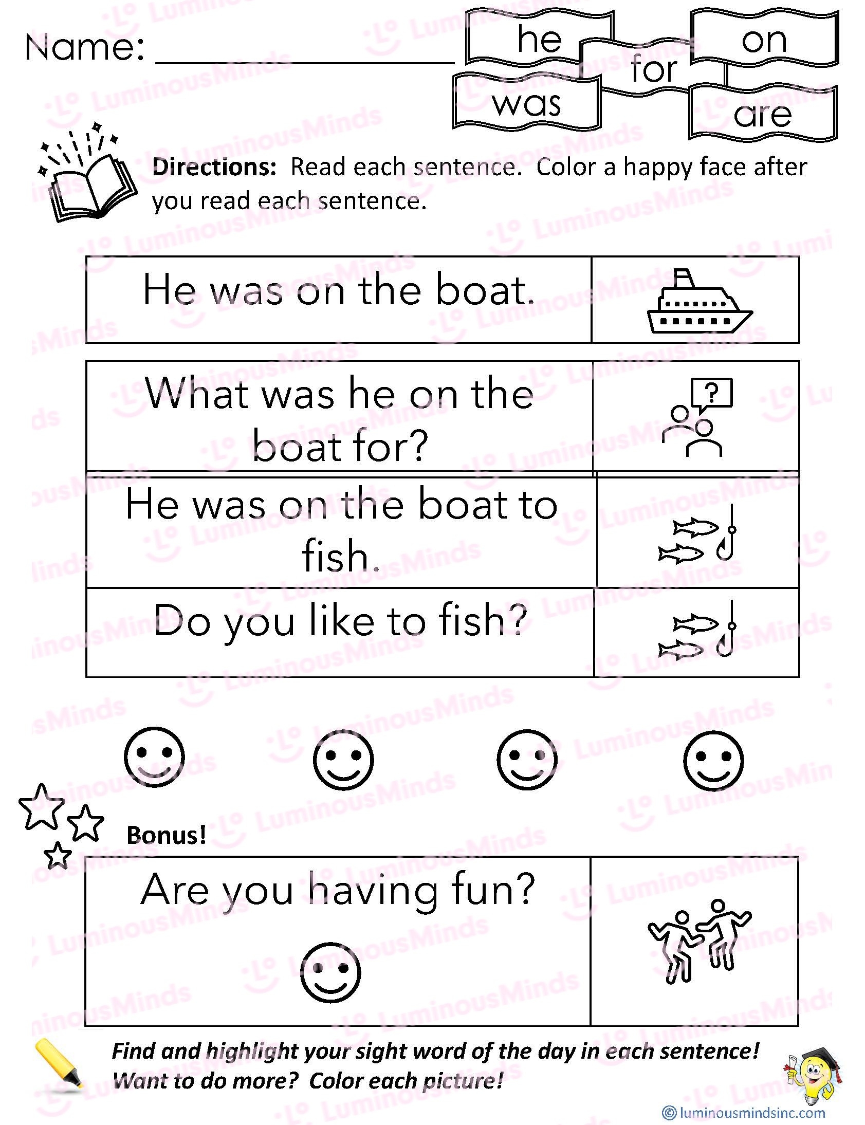 Reading Comprehension Worksheets Reading Review 3 He Was For On And Are