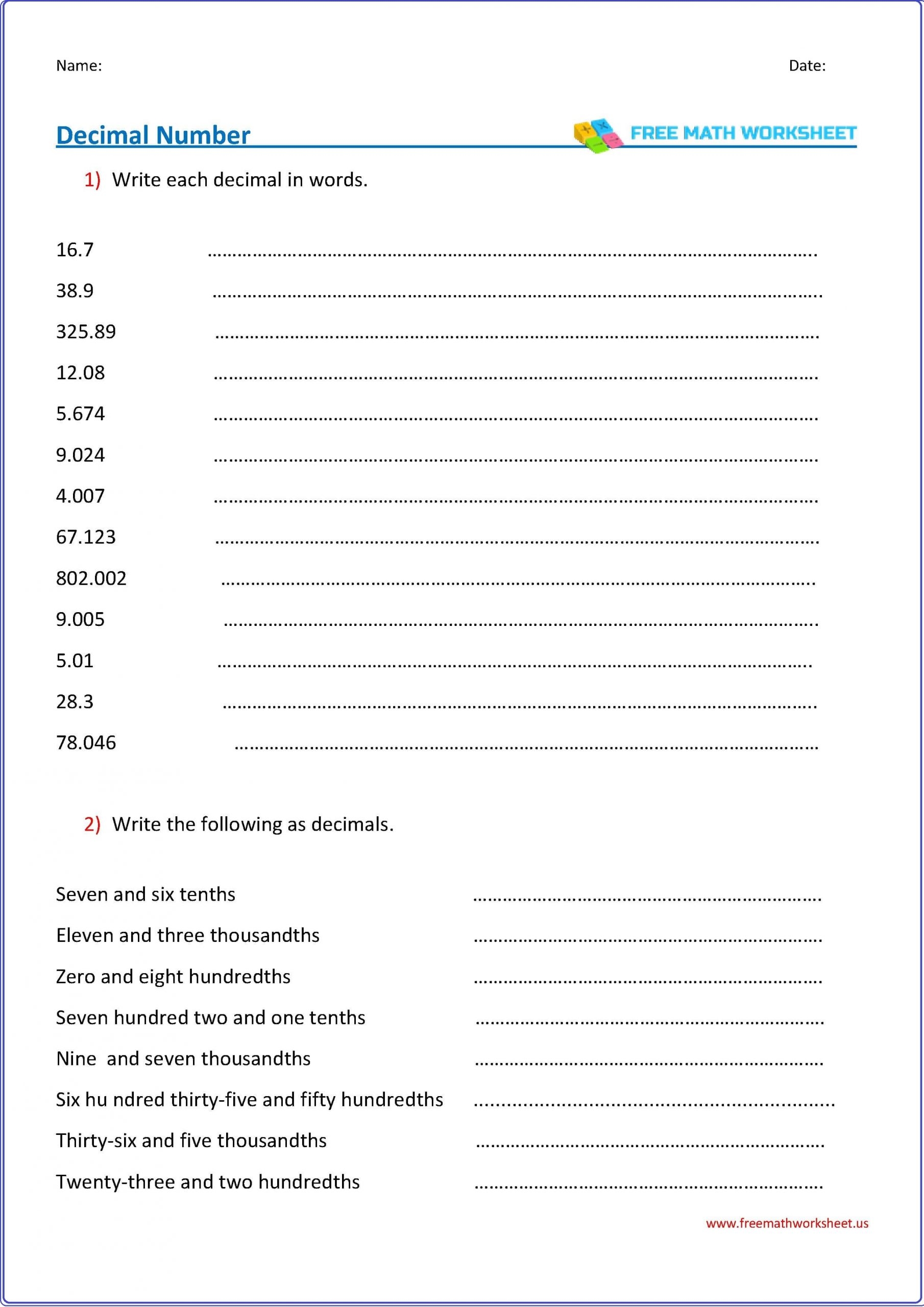 Reading Decimal Fractions Free Math Worksheets Worksheets Library